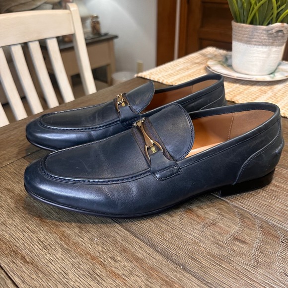 Saks‎ Fifth Avenue Firenze Leather Loafers Dress Shoes Gold Accent Navy 13M - Picture 4 of 11